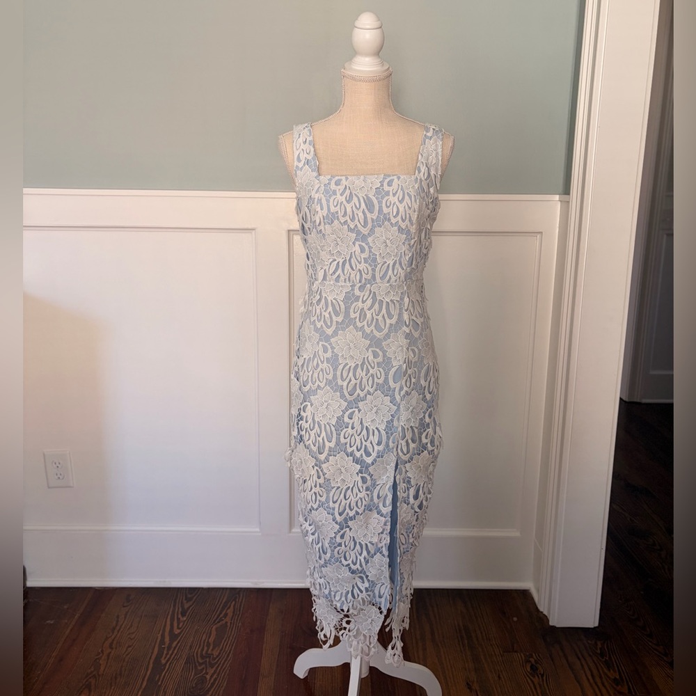 Just Me Blue and White Lace Midi Dress with Square Neckline